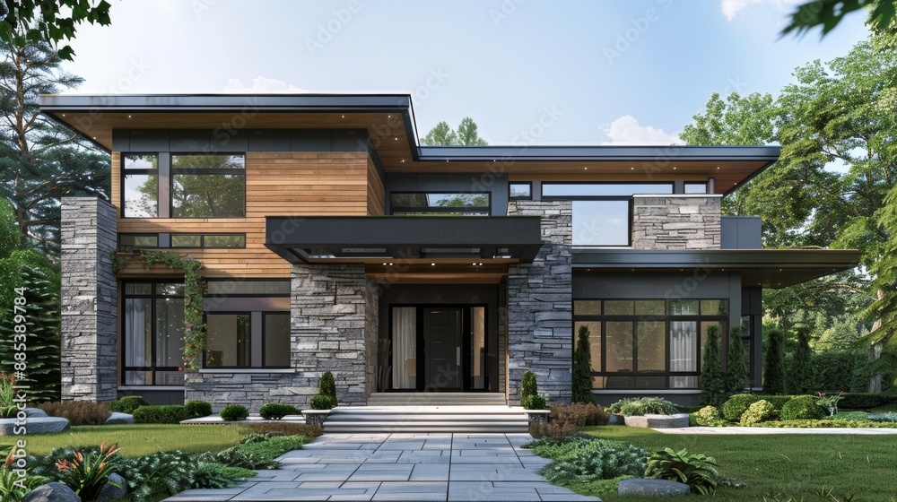 3D rendering of a two-story modern house with wooden cladding and stone mugas, gray walls, large windows, and a roof covered in light brown wood 3D rendering of a two-story modern house with wooden cladding and stone mugas, gray walls, large windows, and a roof covered in light brown wood