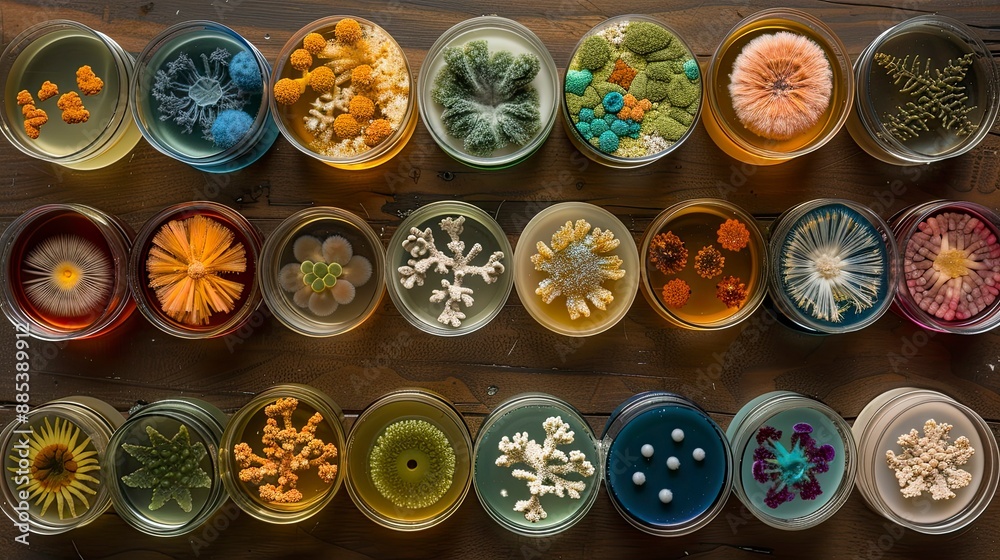 Petri dish with a mix of different bacterial species, each colony displaying distinct morphological characteristics Petri dish with a mix of different bacterial species, each colony displaying distinct morphological characteristics