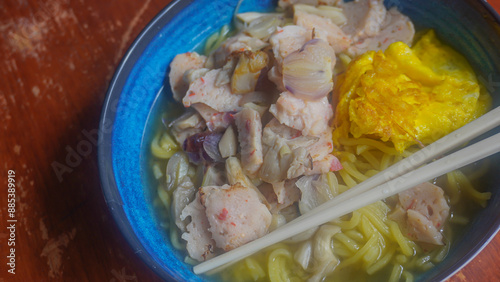 crab ball  soup  noodles with crab ball and egg photo