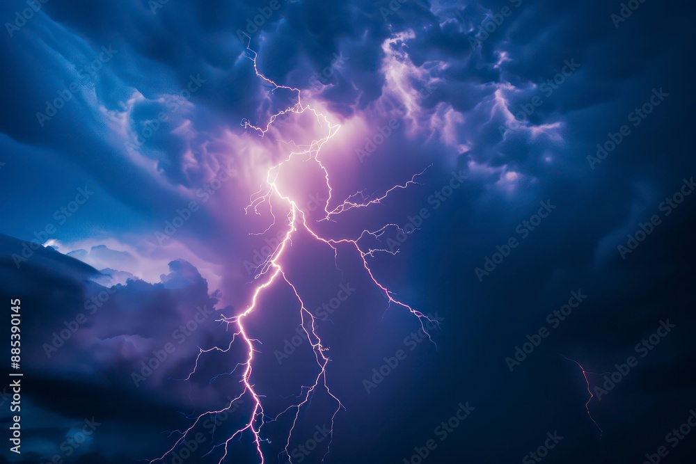 A dramatic blue sky crackles with lightning bolts, evoking the power and intensity of a nighttime thunderstorm