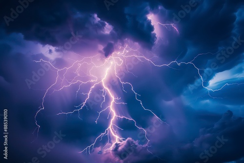 A dramatic blue sky crackles with lightning bolts, evoking the power and intensity of a nighttime thunderstorm © TOMASDESIGN