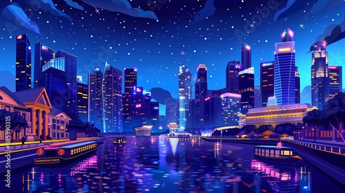 Illustration of Clarke Quay with boats on the river and colorful shophouses capturing the lively nightlife and cultural appeal of Singapore Stock Photo with copy space photo