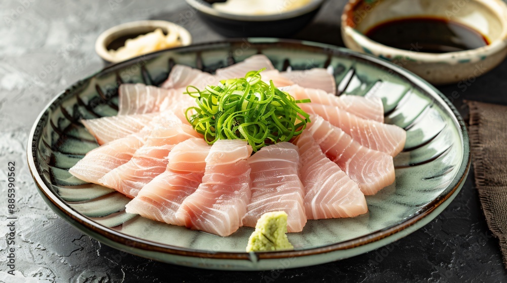 Thinly sliced raw fish, artistically arranged on a plate with wasabi and soy sauce