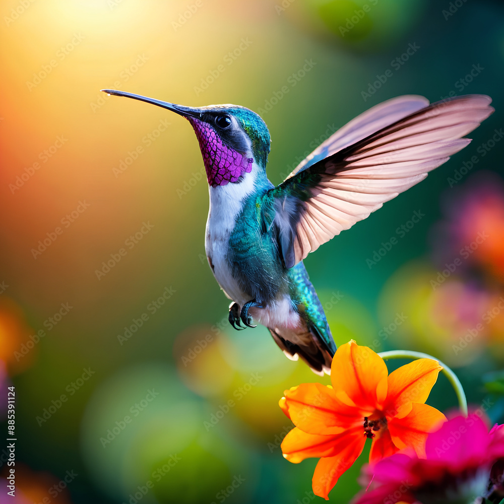 Fototapeta premium A hummingbird hovers mid-air in a vibrant garden, feeding from a colorful flower.