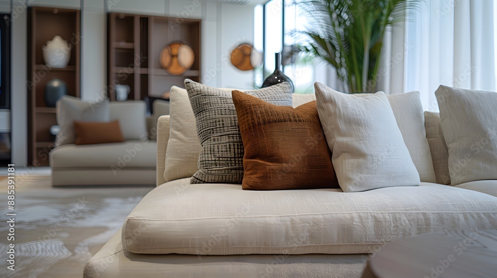 Fototapeta premium Cozy Modern Living Room with Stylish Cushions and Elegant Decor