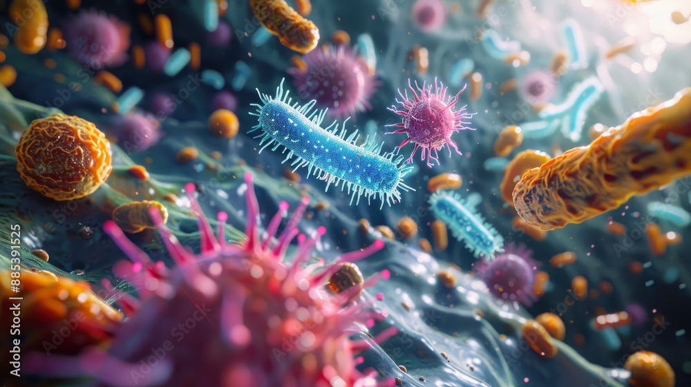 Conceptual artwork of bacteria interacting with host cells, illustrating the processes of infection and immune evasion Conceptual artwork of bacteria interacting with host cells, illustrating the processes of infection and immune evasion