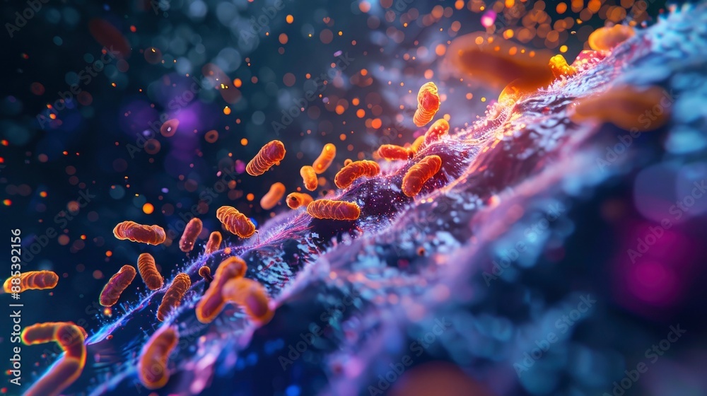 Visualization of beneficial bacteria in the human gut, highlighting their role in digestion and health