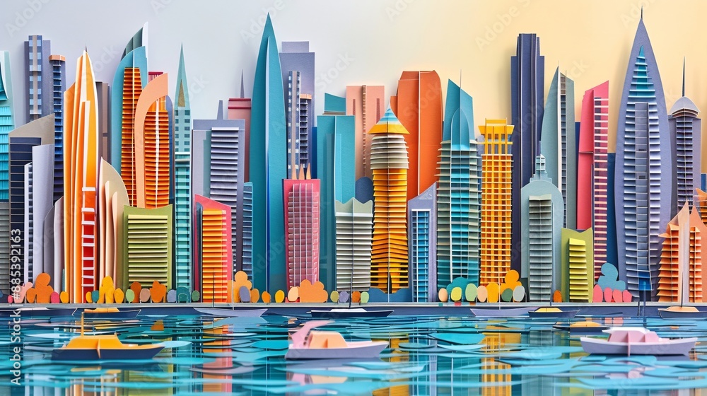 Obraz premium Detailed paper cut art of the Dubai Marina with yachts and high rise buildings capturing the vibrant waterfront life of Dubai Stock Photo with copy space