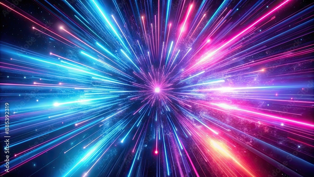 Abstract pink blue light trail with exploding hyper jump into another galaxy, neon glowing rays in motion Abstract pink blue light trail with exploding hyper jump into another galaxy, neon glowing rays in motion