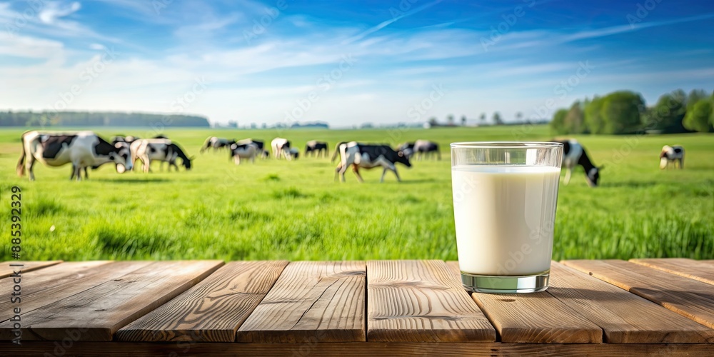 Glass of milk on wooden table with cows grazing in green pasture, milk, glass, table, wooden, cows, grazing, green, pasture Glass of milk on wooden table with cows grazing in green pasture, milk, glass, table, wooden, cows, grazing, green, pasture