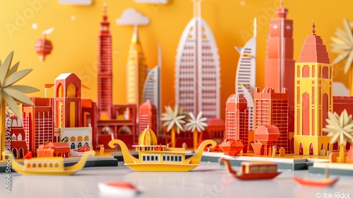 Detailed paper cut scene of Dubai Creek with traditional abras and bustling souks showcasing the cultural heritage of Dubai Stock Photo with copy space photo