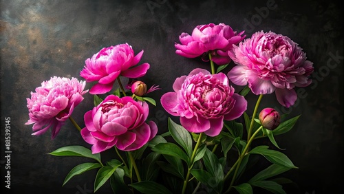 Fototapeta Naklejka Na Ścianę i Meble -  Pink peonies blooming against a velvety backdrop of darkness, peonies, pink, flowers, bouquet, velvety, darkness, blooms