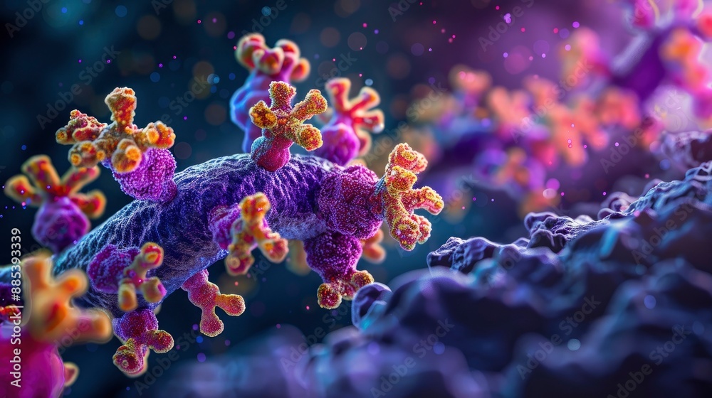 High-magnification image of bacterial ribosomes, highlighting their role in protein synthesis High-magnification image of bacterial ribosomes, highlighting their role in protein synthesis