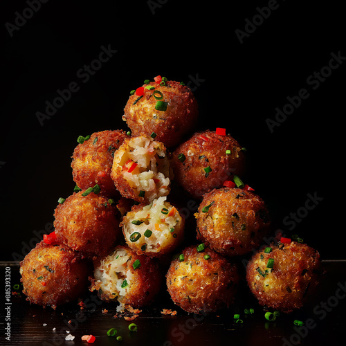 Italian deep fried rice balls from Sicily, mozzarella, risotto as ingredients as a snack or appetiser  photo