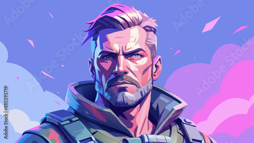 guerrero boer-masculino, en estilo dieselpunk, camuflaje, cinturones, bolsitas, corte de pelo corto, pintura al óleo, salpicaduras de tinta, doble exposición, detalles intrincados, ultra alto detalle,