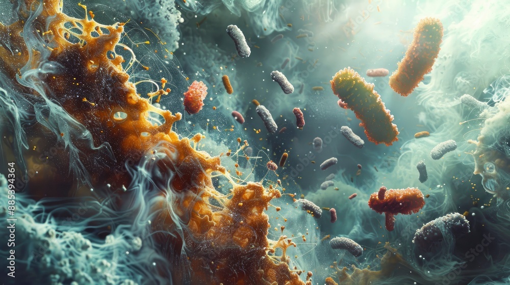 Fototapeta premium Artistic depiction of bacterial contamination on food, highlighting the importance of food safety and hygiene