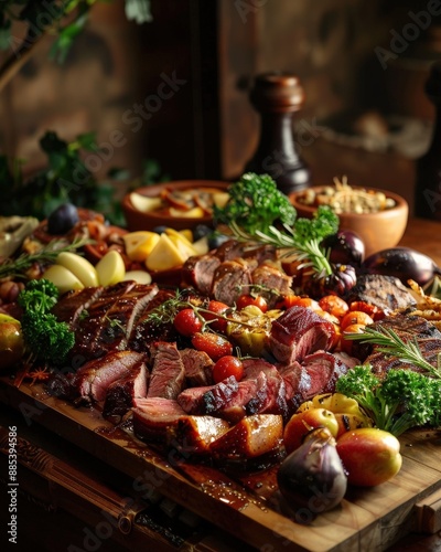 Plateau de viandes et légumes grillés avec ambiance rustique photo
