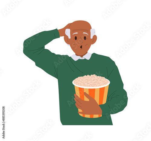 Senior man character feeling impressed scratching head eating popcorn while watching cinema movie