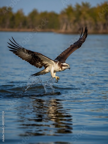 Osprey hunting over shimmering lak