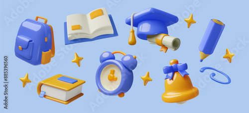Children education 3d realistic vector icons collection. Minimal plastic style school bag, cap, textbooks, bell, clock, pencil and stars. 