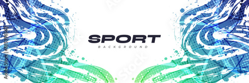 Abstract Sport Background with Blue and Green Gradient Brush Texture and Halftone Effect. Vibrant Grunge Background
