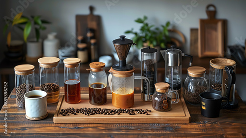 Still life of a variety of coffee making implements and ingredients arranged on a wooden table. photo