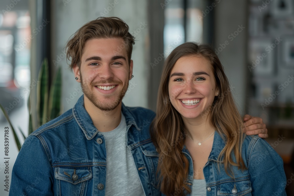 Portrait of a smiling caucasian couple in their 20s sporting a rugged denim jacket in front of sophisticated corporate office background Portrait of a smiling caucasian couple in their 20s sporting a rugged denim jacket in front of sophisticated corporate office background