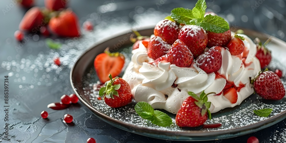 Traditional Pavlova dessert with meringue strawberries whipped cream mascarpone and mint. Concept Dessert Recipes, Pavlova, Meringue, Whipped Cream, Strawberries Traditional Pavlova dessert with meringue strawberries whipped cream mascarpone and mint. Concept Dessert Recipes, Pavlova, Meringue, Whipped Cream, Strawberries