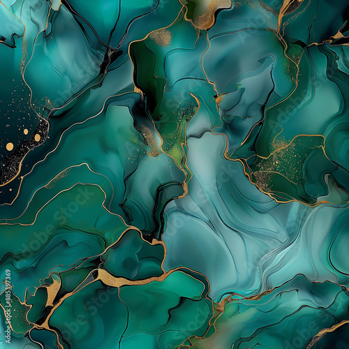 Abstract teal and emerald green alcohol ink background marble wallpaper