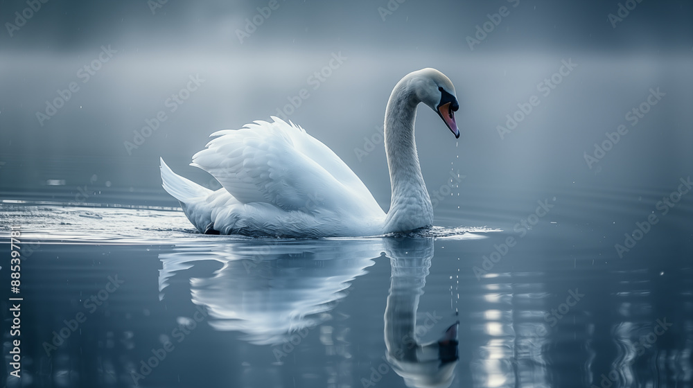 Obraz premium Swan floating on a lake with its reflection visible in the water. Concept of tranquility, natural beauty, and serene landscapes.