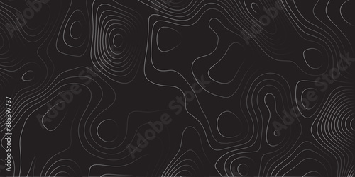 Abstract white on black background Topographic line map pattern. Contour elevation topographic and textured Background Modern design with black background with topographic wavy patte.	