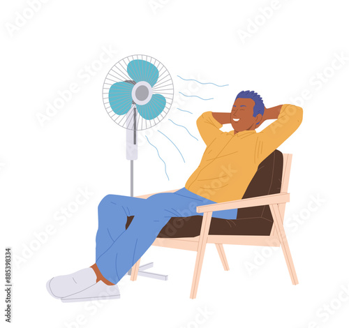 Handsome relaxed man cartoon character cooling off with ventilator blow sitting in armchair