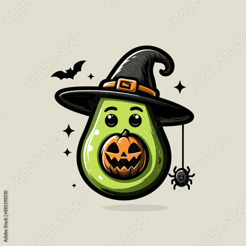 avocado with Halloween cartoon vector icon illustration.