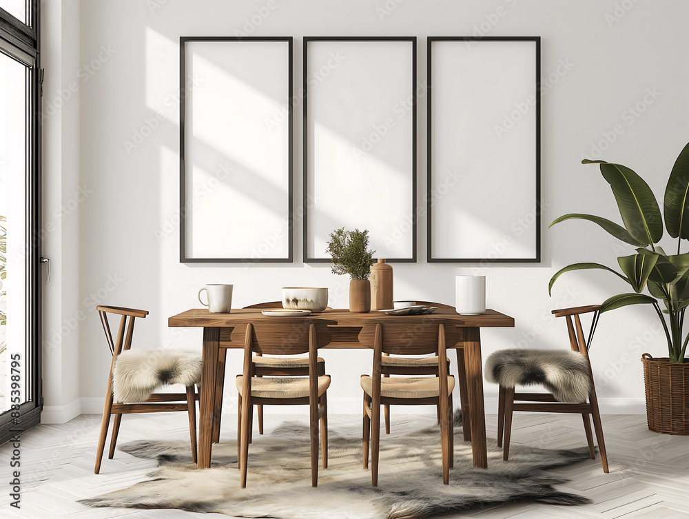 Bright Dining Room with Three Blank Poster Frames and Wooden Furniture Bright Dining Room with Three Blank Poster Frames and Wooden Furniture