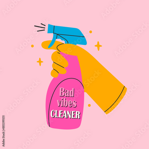 Human hand in yellow rubber glove holding Sprayer or atomizer. Pink plastic bottle. Bad vibes cleaner text. Hand drawn Vector illustration. Isolated design element. Print, logo, icon template
