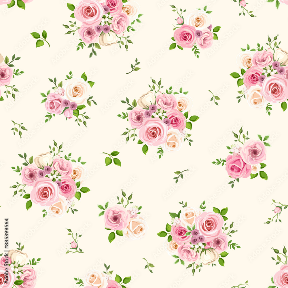 Floral seamless pattern with pink and white rose flowers and green leaves on a yellow background. Vector vintage floral print