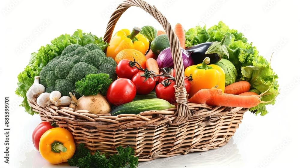 A clear photo of a basket filled with assorted organic vegetables A clear photo of a basket filled with assorted organic vegetables