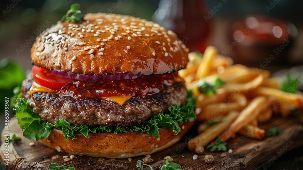 Close-up of home made tasty burger with french fries and fire flames. Close-up of home made tasty burger with french fries and fire flames.