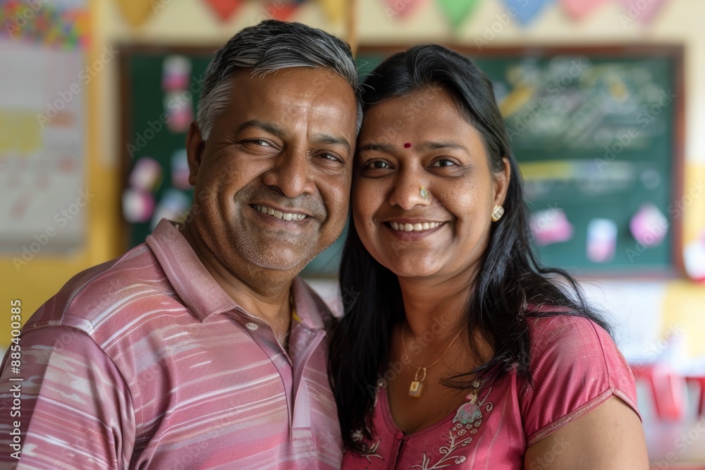 Portrait of a smiling indian couple in their 40s wearing a breathable golf polo while standing against lively classroom background Portrait of a smiling indian couple in their 40s wearing a breathable golf polo while standing against lively classroom background