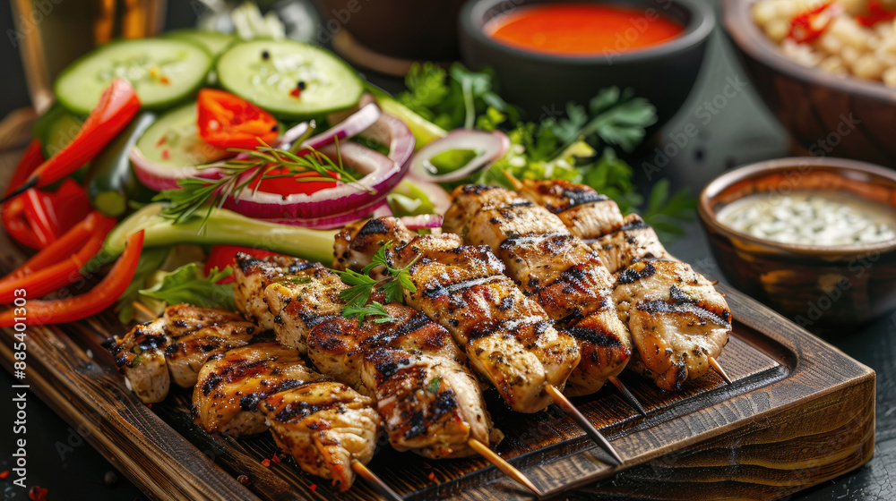 Close-Up of Grilled Chicken Shawarma and Fresh Veggies on Wooden Board Close-Up of Grilled Chicken Shawarma and Fresh Veggies on Wooden Board