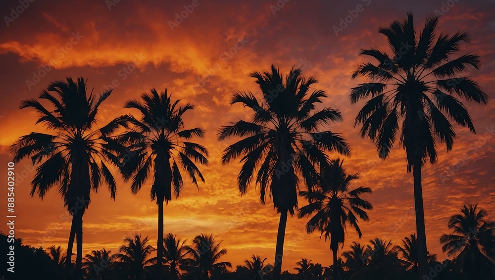 Palm trees silhouetted against fiery evening sk Palm trees silhouetted against fiery evening sk