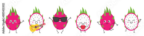Set dragon fruit character cartoon greeting jumping loves sings running cute funny smiling face happy joy emotions icon pitahaya vector illustration.