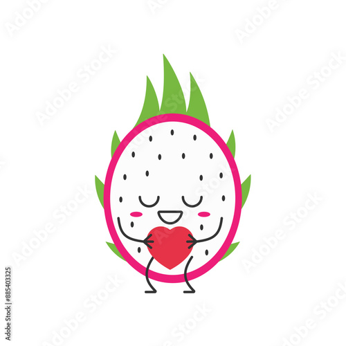 Dragon fruit cute character cartoon pitahaya love sign heart favorite smiling face cheerful kawaii happy emotions icon vector illustration.