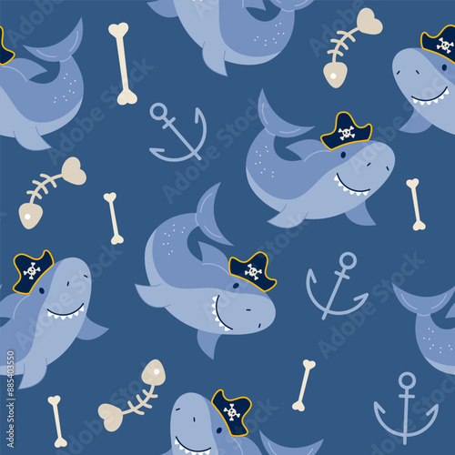  Seamless pattern character pirate shark 