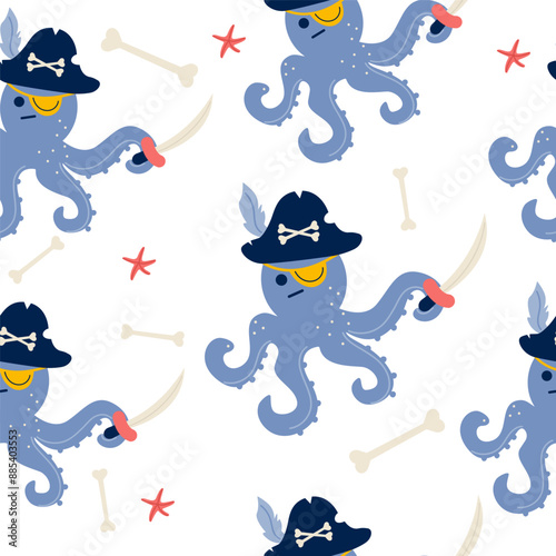 Octopus pirate character seamless pattern in flat design