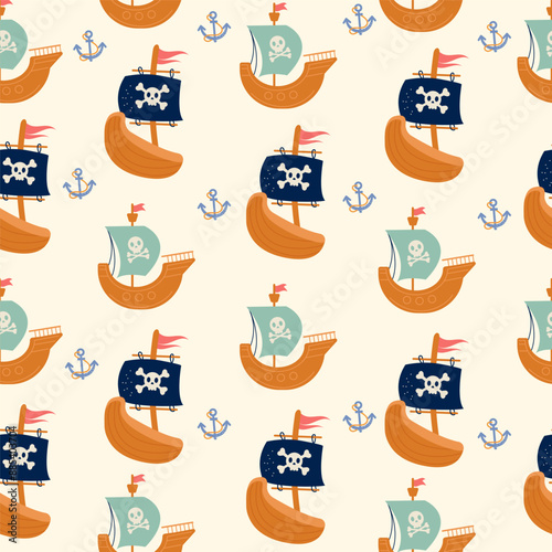 Pirate ship seamless pattern in flat design