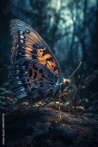 photo portrait of a stunning butterfly outdoors. low lighting scene, nature around, high sharpness and extremely detailed. divine creation. Nikon, Nikkor 85mmmm af-s lens, f/0.3 1.8 HDR.