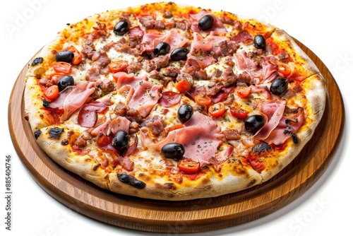 Meat Mix Pizza with Parma Ham, Sausages, Shish Kebab, Bacon, Olives, Tomato Sauce, Mozzarella