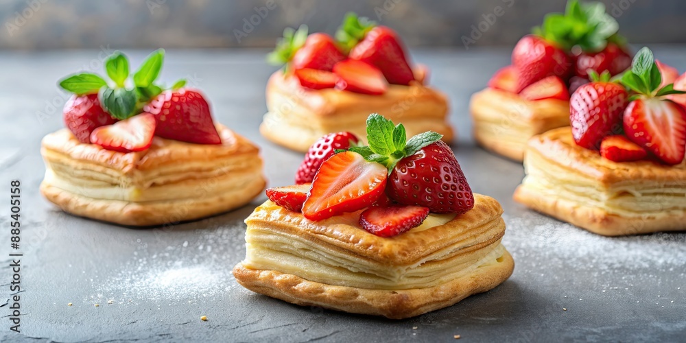 Sweet puff pastry cakes with fresh strawberries on top, food, dessert, pastry, sweet, berry, fruity, delicious, homemade Sweet puff pastry cakes with fresh strawberries on top, food, dessert, pastry, sweet, berry, fruity, delicious, homemade