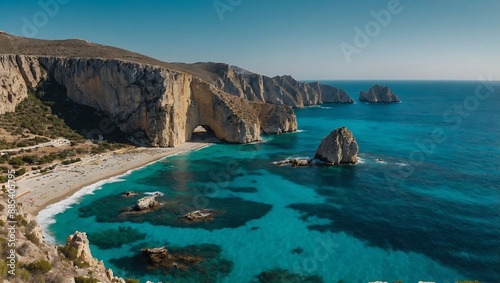 Panoramic shot of rugged cliffs meeting turquoise ocean waters, Greec